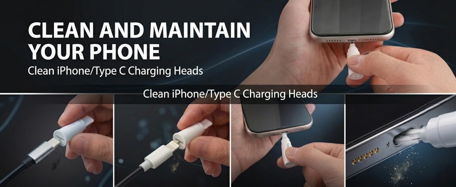 Cleaning iPhone charging port and USB-C cable plugs with precision toolset.