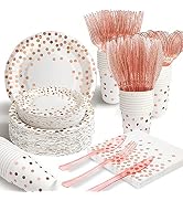 AIRE 175Pcs White Rose Gold Paper Plates Dinnerware Sets for 25 Guests, Party Supplies Disposable...