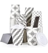 LITOPAK 100 Pack 12 oz Paper Coffee Cups with Lid, Sleeve, and Straws, Four Designs of Disposable...