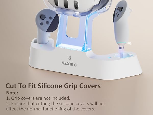 The charging dock is compatible with a grip cover.