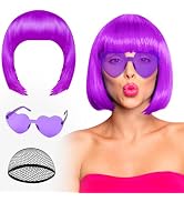 PLULON Purple Bob Wig and Sunglass Set, Neon Funny Short Bob Wig Sunglass Pack Colorful Hairpiece...