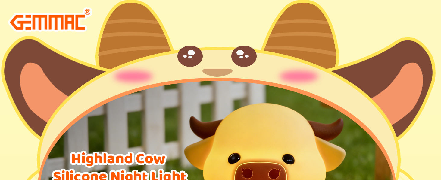 Text reads 'GENIMAC' and 'Highland Cow'. Cute cartoon illustration of a cow character with large ears and rosy cheeks against a yellow background.