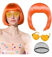 PLULON Orange Bob Wig with Heart Sunglasses and Hair Cap for Women, Short Bob Wigs Synthetic Colo...