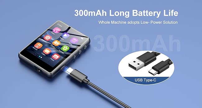 Portable music player with touchscreen display showing app icons, connected to USB Type-C cable. Text highlights 300mAh battery life and low-power solution.