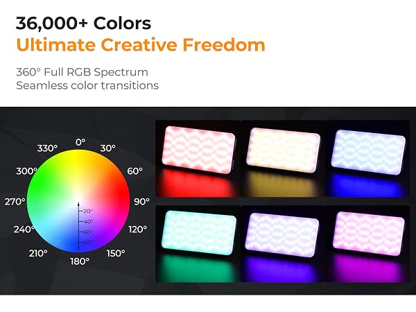 Text reads 'Image 5', '36,000+ Colors', 'Ultimate Creative Freedom'. Color spectrum wheel and various colored light samples demonstrating range of lighting options.