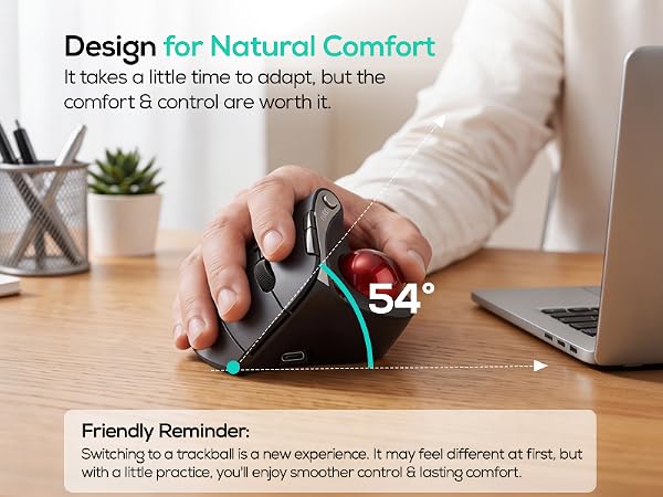 Nulea M506 Wireless Trackball Mouse, 54° Vertical Ergonomic Thumb Control