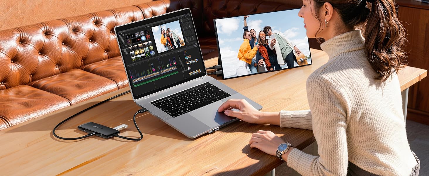 Multiple lifestyle photos showing someone working at a desk with laptop and accessories in a home office setting.