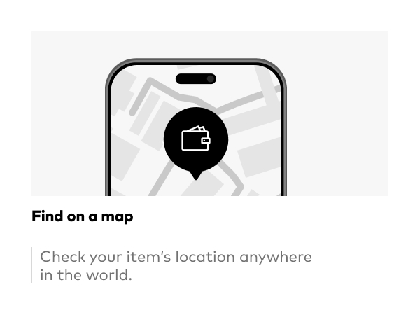 Text reads 'Find on a map' and 'Check your item's location anywhere in the world.' Smartphone displaying map icon with location pin symbol on screen.