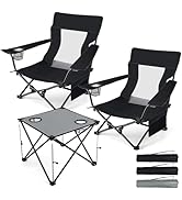 HaSteeL Folding Beach Chair Set of 3, Foldable Black Camping Chairs & Grey Table for Outside, Low...