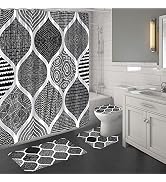 MitoVilla 4 Pcs Black Shower Curtain Sets with Rugs, Boho Bathroom Sets with Shower Curtain and R...