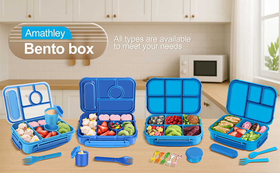 Text reads: 'Amathey' and 'Bento box'. Product showcase of blue compartmentalized lunch boxes with food storage containers in different arrangements.