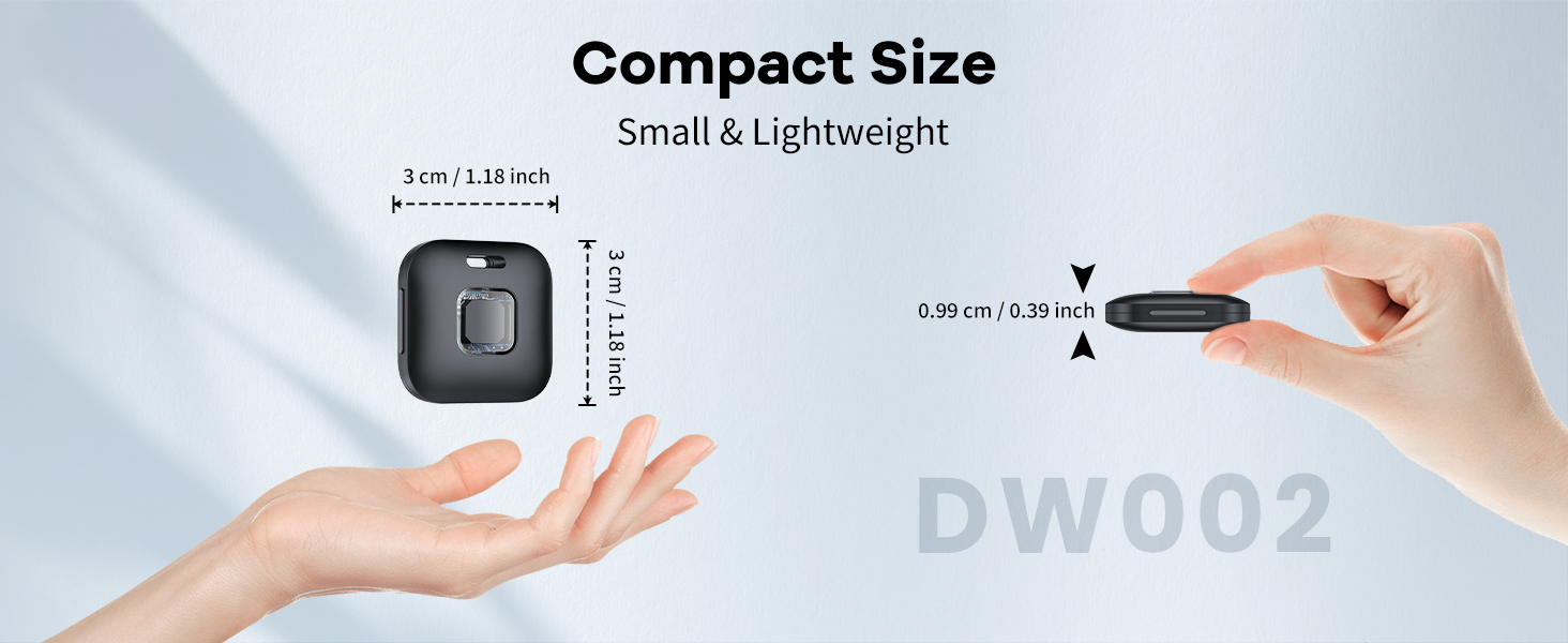 Text reads 'Compact Size' and 'Small & Lightweight'. Product demonstration images showing size comparison and handling of a small electronic device.