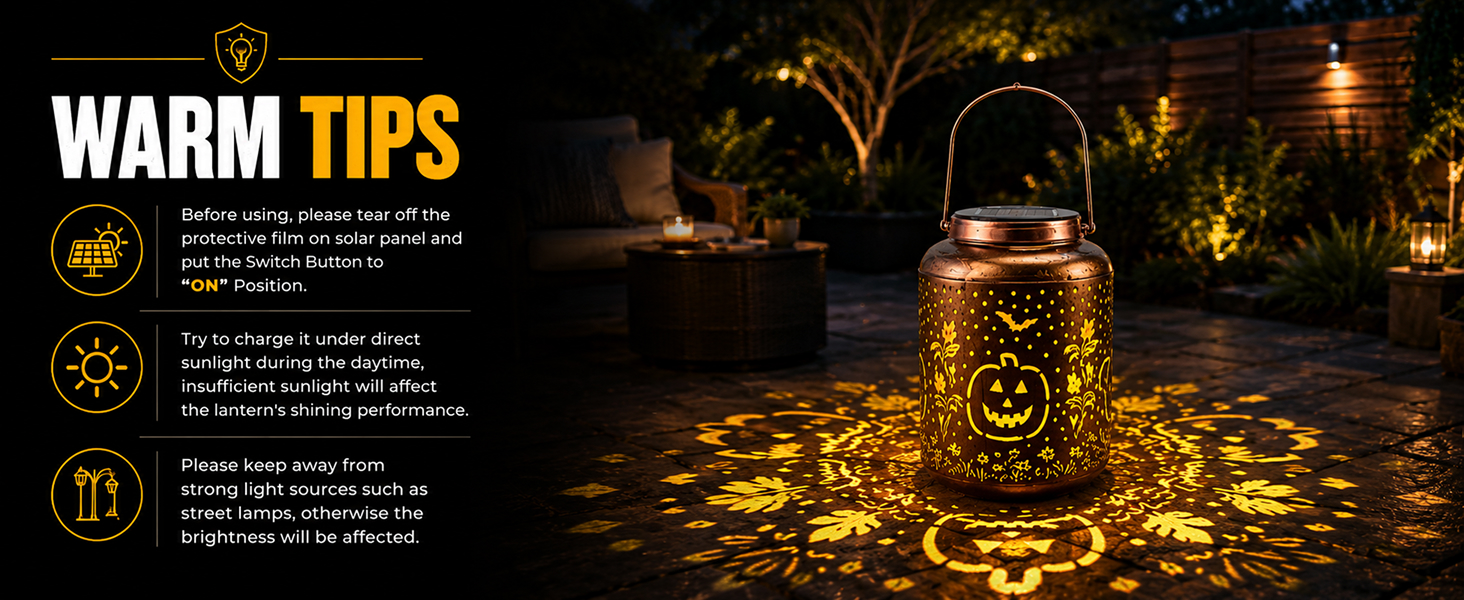Solar pumpkin lanterns hanging on porch and walkway for Halloween decor