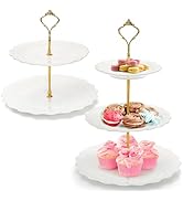 SOUJOY Set of 2 Porcelain Tiered Cupcake Stand, White Embossed Dessert Stand with Gold Rod, 3 Tie...