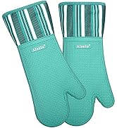 Alselo Silicone Oven Mitts Heat Resistant 550 Degree Extra Long Kitchen Gloves Pot Holders with W...