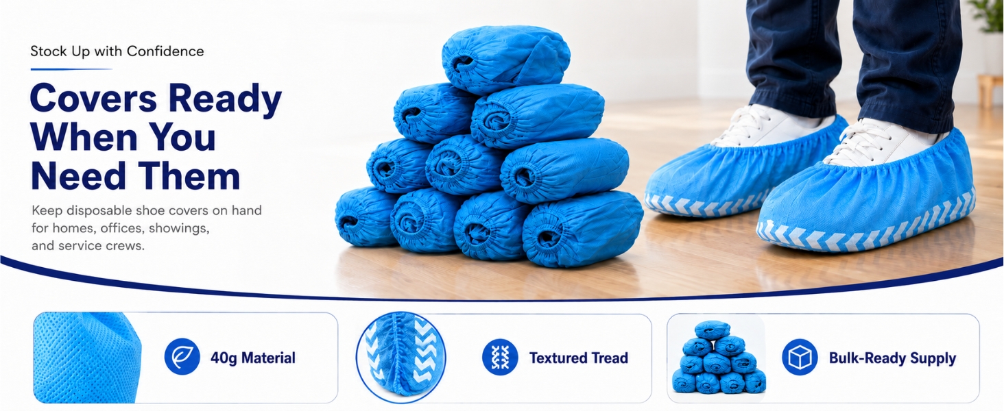 Stacked disposable blue disposable shoe covers with textured tread and bulk-ready supply