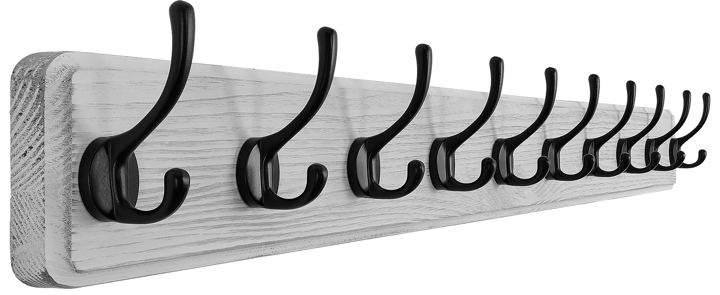 SKOLOO White Wooden COAT RACK WALL MOUNT- 38.3inches, 10 Hooks