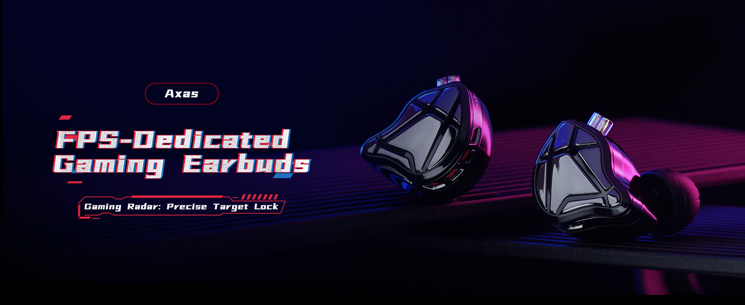 Text reads 'FPS-Enhanced Gaming Earbuds'. Gaming earbuds product showcase with purple and pink LED lighting effects against dark background.