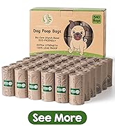 Text reads 'Dog Poop Bags' and 'See More'. Display box of eco-friendly dog waste bags with dog portrait image and multiple brown refill rolls arranged in rows.