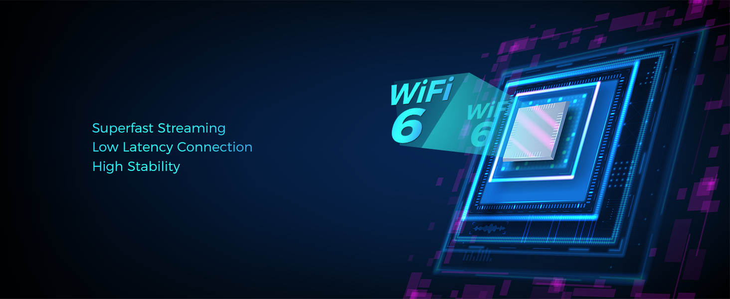Neon blue technology illustration showing WiFi 6 text with cascading geometric shapes and circuit patterns in dark background.