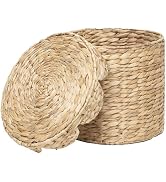Round Wicker Laundry Hamper with Lid, Natural Water Hyacinth Woven scalloped basket, Space-Saving...