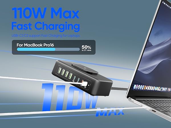 USB Charging Station, USB C Charger Block with 2AC Outlets& Wireless Charger, USB Power Strip