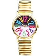 JewelryWe Women's Ultra Thin Easy Reader Watch with Elastic Strap Golden/Silver Tone Stretch Band...