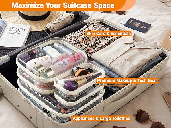 Clear packing cubes for suitcase, space saving travel organizers for makeup & toiletries.