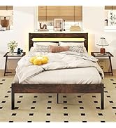 Giantex Full Size LED Bed Frame with Charging Station, Rustic Metal Platform Bed with Headboard &...