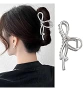 Silver Large Hair Claw Clips Metal Hair Clip Bow Hair Clips with White Pearls Design Non-Slip Hai...