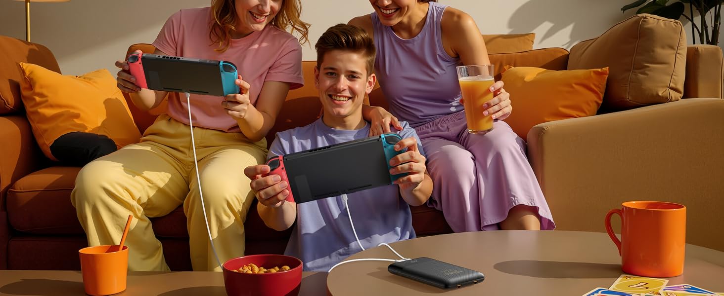 Perfect for gamers! This portable charger with built-in cables powers your phone and devices.