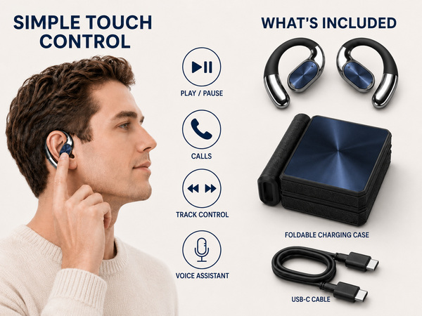 Open-ear earbuds with touch controls, foldable charging case and USB-C cable.