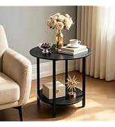 TECHYAP Black End Table 20" Small Round Side Table 2-Tier Storage Shelf | Bedside Table Night Sta...