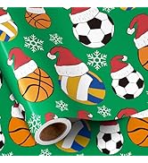 RUSPEPA Sports Christmas Ball Wrapping Paper Roll for Boys Girls, Mini Roll, Santa Hat Soccer, Ba...