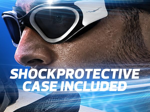 Close-up of AqtivAqua swim goggles with protective hard case included