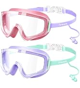 Vvinca 2 Pack Kids Swim Goggles with Attached Earplugs & Nose Clip, Frameless Anti-Fog Wide View ...