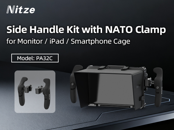 Text reads: 'Nitze Side Handle Kit with NATO Clamp for Monitor / iPad / Smartphone Cage Model: PA32C'. Product shown is black mounting hardware against dark background.