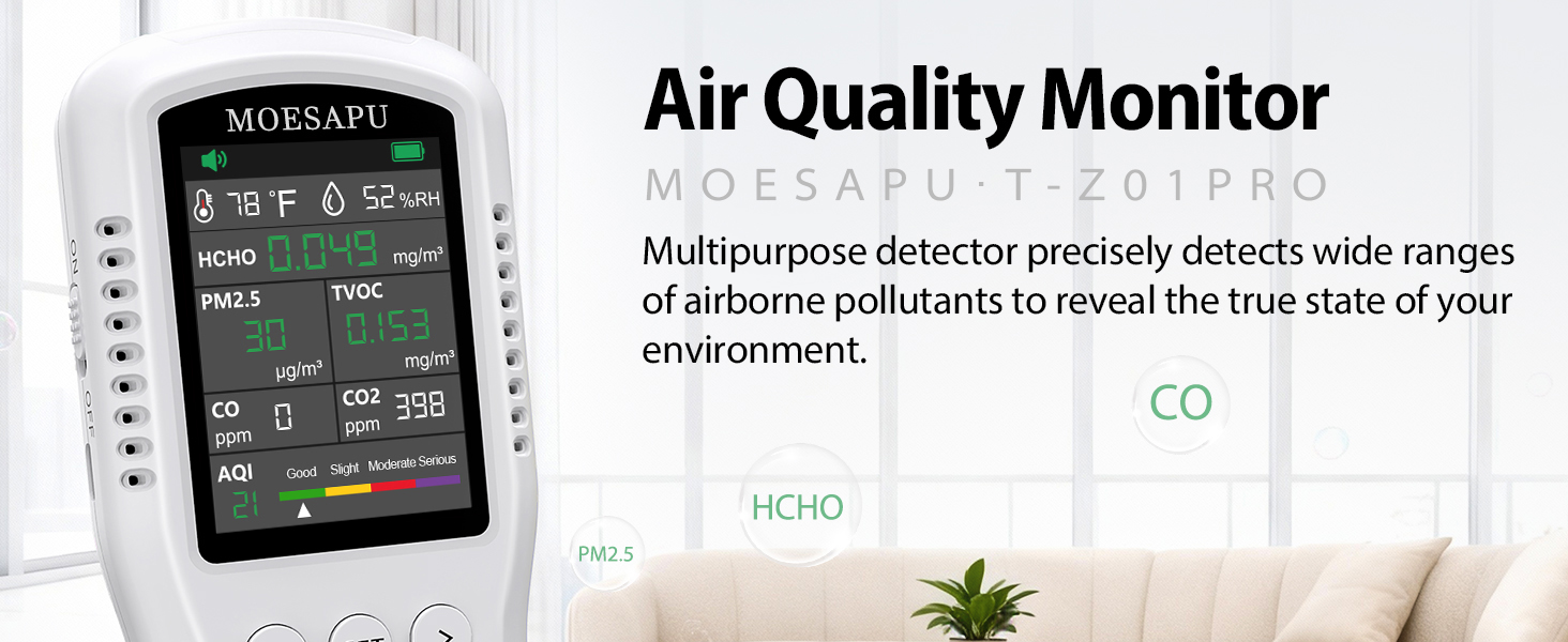 air quality monitor formaldehyde hcho tvoc voc co2 pm2.5 aqi meter detector alarm tester home indoor