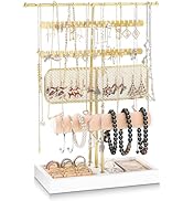 Dntorx 3 Tier Jewelry Stand Holder Organizer, Jewelry Holder Storage Display T Bar Beige Velvet B...