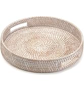 11.8" Round Rattan Tray, Hand Woven Serving Tray with Handles, Wicker Serving Basket, Decorative ...