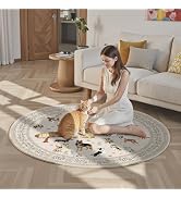 Beige 6Ft Round Area Rugs for Bedroom, Non-Slip Stain Resistant Round Kitchen Dog Rug, Modern Geo...