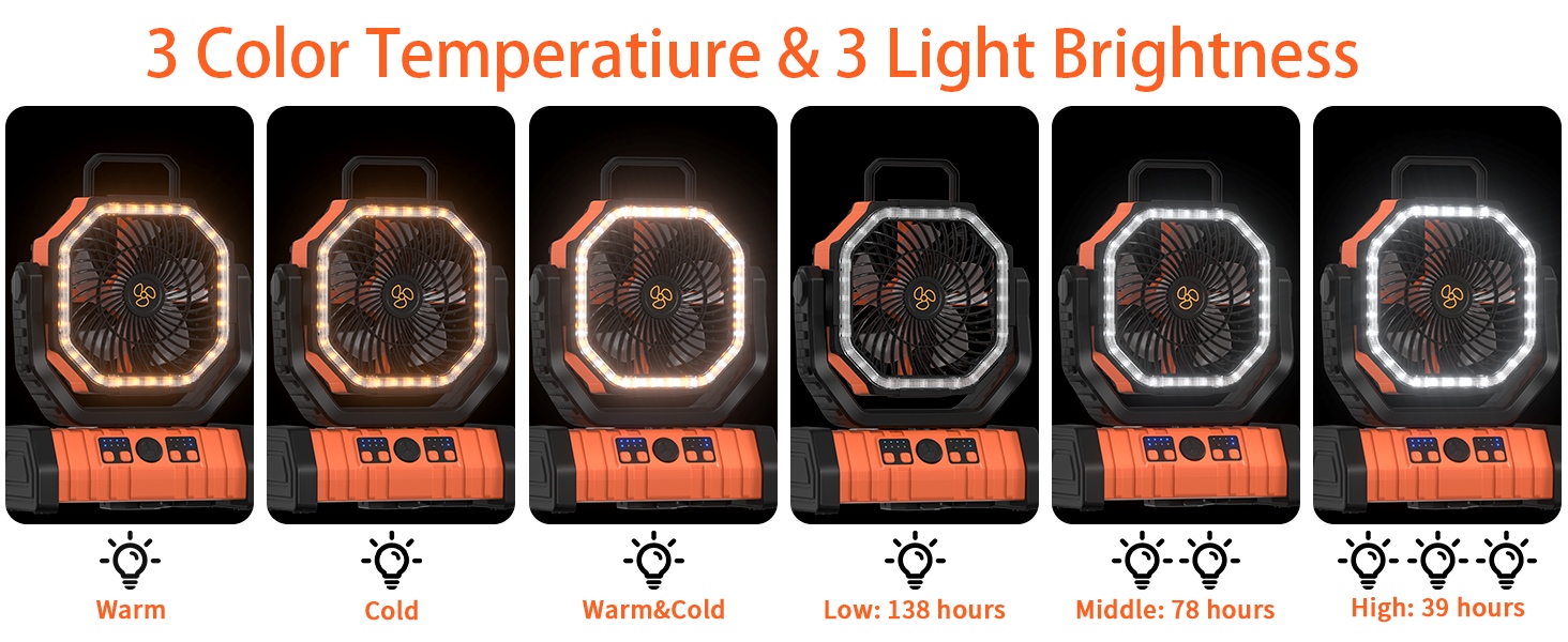 camping fan with light temperature and brightness selectable