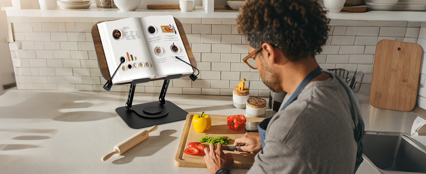 Text reads 'Image 2'. Person in kitchen setting using recipe stand while preparing food with fresh ingredients on cutting board.