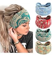 STGDAK Boho Headbands Floral Print Wide Headband Elastic Hair Wraps Knotted Sweatbands Non Slip T...