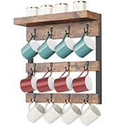 OROPY Coffee Mug Rack Wall Mounted, Rustic Wood Cups Rack with 12 Hooks and Storage Shelf, for Ho...