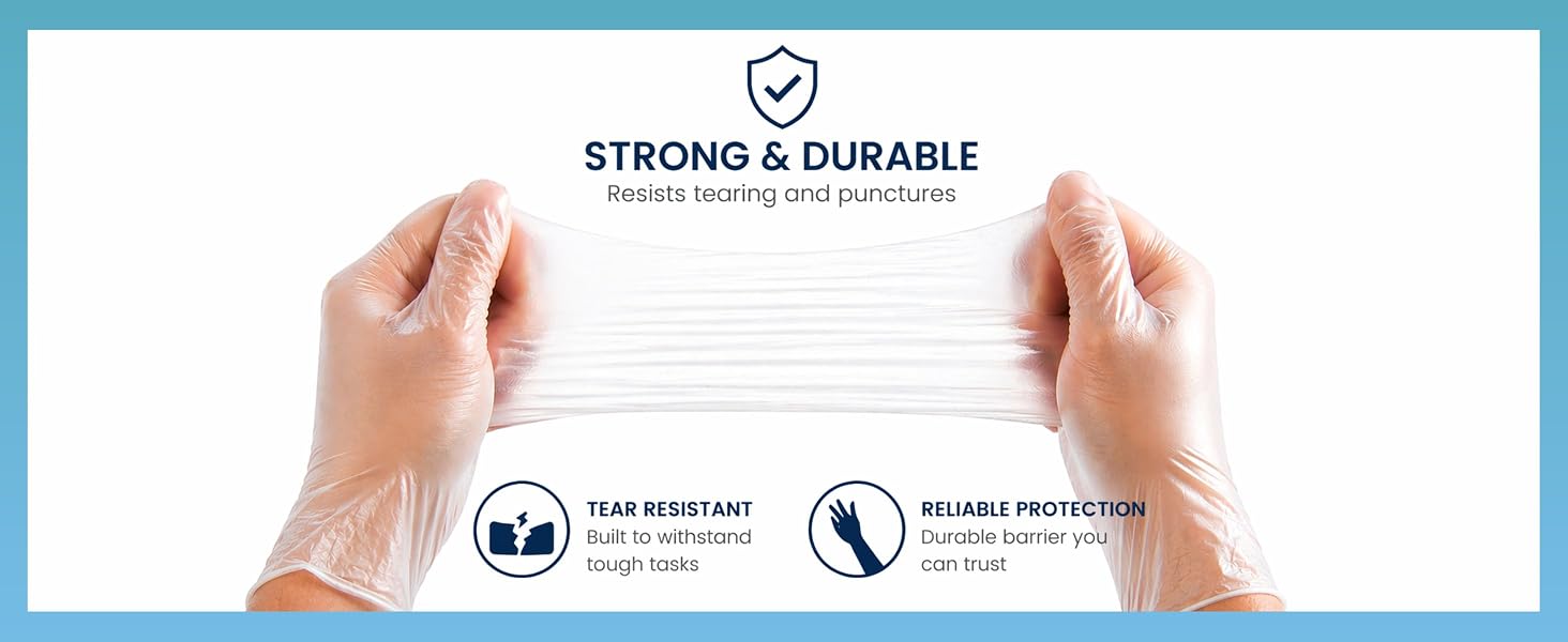 A pair of hands wearing clear gloves stretch the material to demonstrate its strength