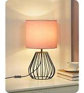 GOEBLESON Pink and Black Table Lamp, Small Bedside Lamp with Metal Base & Linen Lampshade, Pink T...
