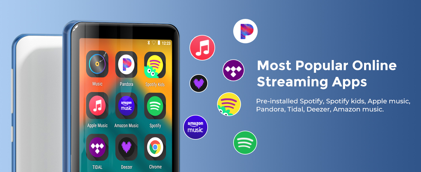 Smartphone displaying colorful app icons for popular music streaming services. Text mentions 'Most Popular Online Streaming Apps' including Spotify, Apple Music, and Music.