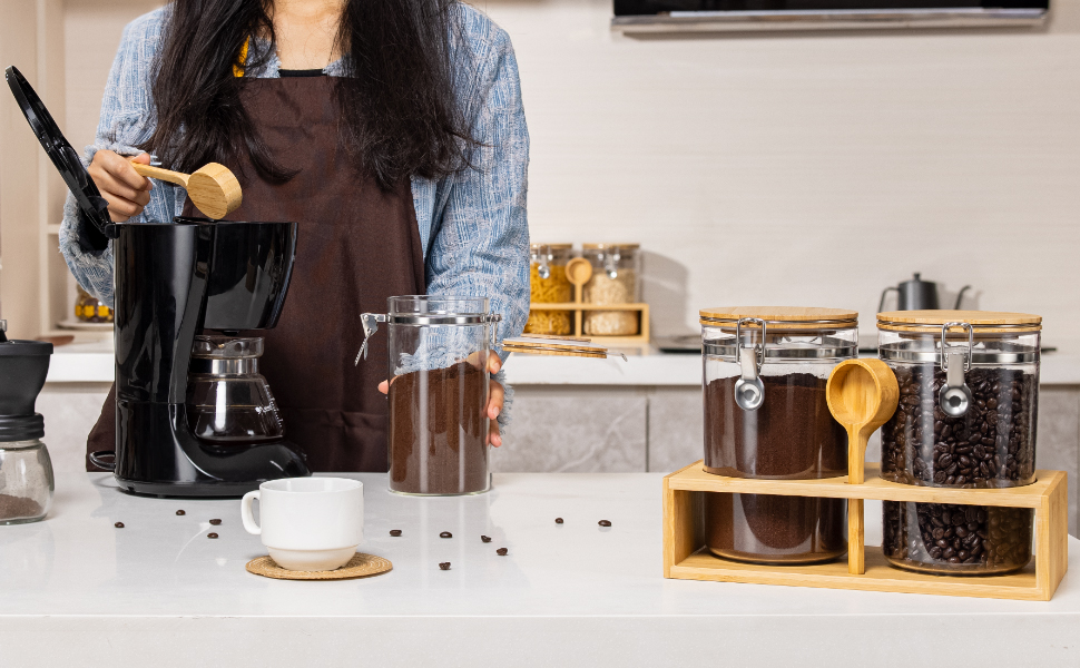 Coffee Sugar Canisters with Shelf, 58OZ Plastics Storage Containers for Ground Coffee Bean Storage
