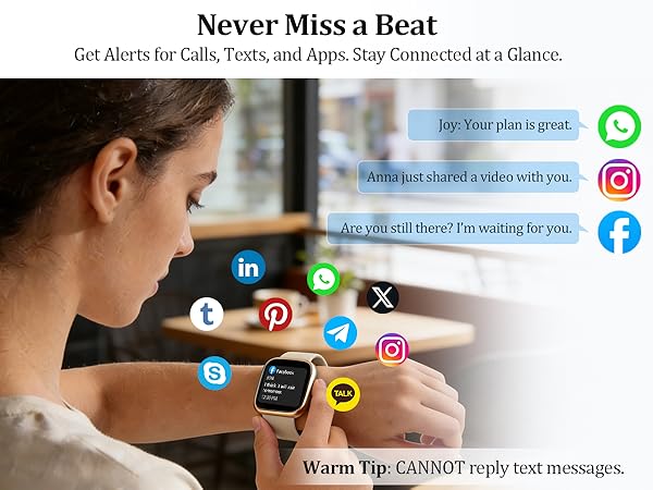 Text reads 'Never Miss a Beat' and 'Warm Tip: CANNOT reply text messages.' Advertisement showing smartwatch notifications with social media icons including Facebook, Instagram, Twitter, and LinkedIn.